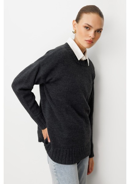 Yuvarlak Yaka Oversize Antrasit Triko Kazak fiyatları