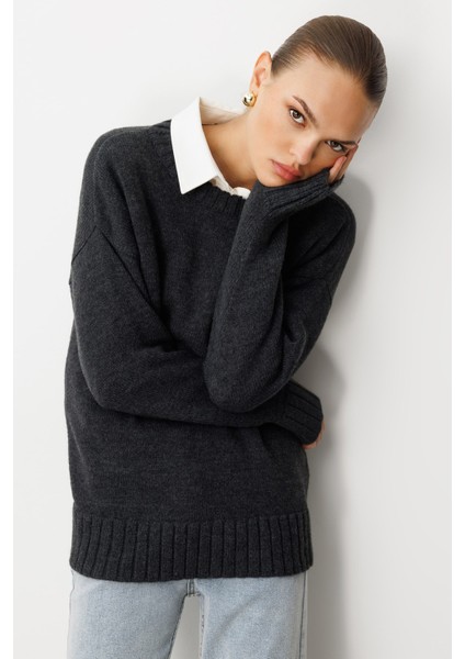 Yuvarlak Yaka Oversize Antrasit Triko Kazak fırsatları