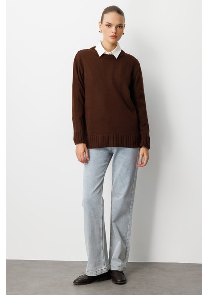 Yuvarlak Yaka Oversize Kahverengi Triko Kazak