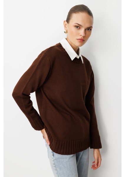 Yuvarlak Yaka Oversize Kahverengi Triko Kazak fiyatları