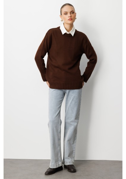 Yuvarlak Yaka Oversize Kahverengi Triko Kazak modelleri