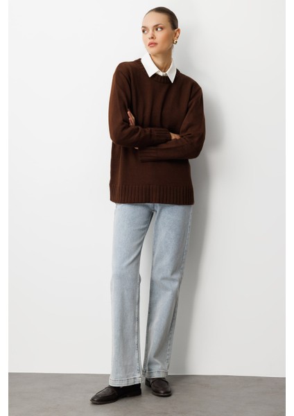 Yuvarlak Yaka Oversize Kahverengi Triko Kazak fırsatları