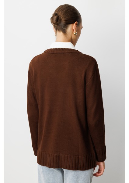 Yuvarlak Yaka Oversize Kahverengi Triko Kazak indirimleri