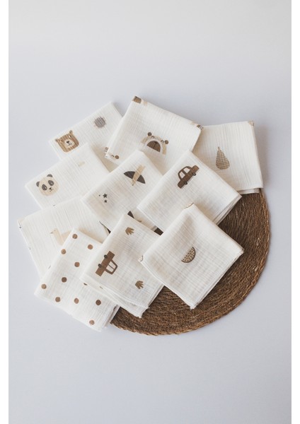 10'lu Desenli Müslin Bebek Ağız Mendili %100 Pamuk 25X25 cm
