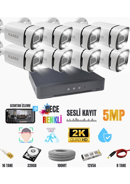Exitcam 8 Kameralı 5mp Renkli Gece Görüşlü Ses Kayıtlı Güvenlik Kamerası Seti 320GB HDD