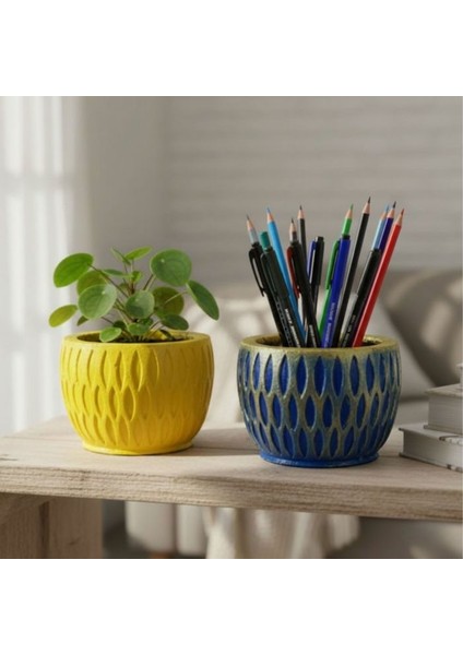 4846 El Yapımı Desenli Dekoratif 2'li Minik Saksı / Biblo - 6 x 7 cm