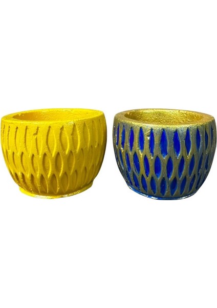 4846 El Yapımı Desenli Dekoratif 2'li Minik Saksı / Biblo - 6 x 7 cm