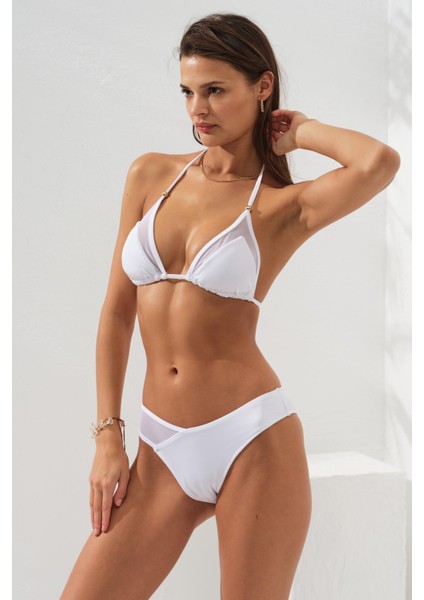 Tül Detaylı Üçgen Bikini Beyaz 231210