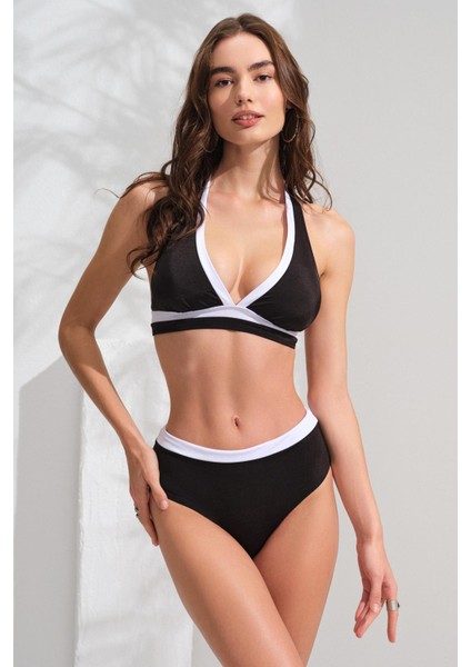 Uzun Üçgen Yüksek Bel Bikini Takım Siyah&beyaz 231202 fırsatları