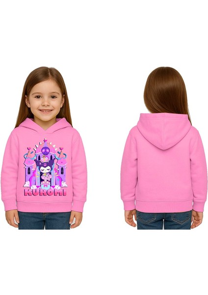 Unisex Baskılı Çocuk Swaetshirt Kapüşonlu 3 Iplik Şardonlu Kuromi Baskılı