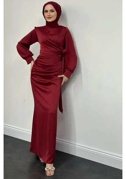 Yandan Bağlamalı Saten Delux Abiye- Bordo