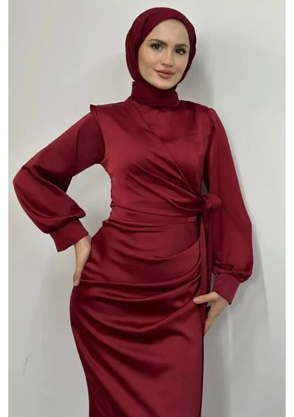 Yandan Bağlamalı Saten Delux Abiye- Bordo fiyatları