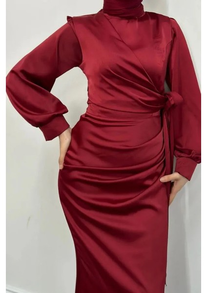 Yandan Bağlamalı Saten Delux Abiye- Bordo modelleri