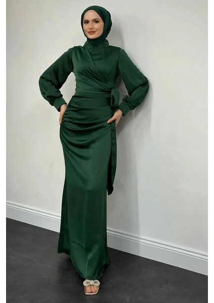 Yandan Bağlamalı Saten Delux Abiye- Zümrüt