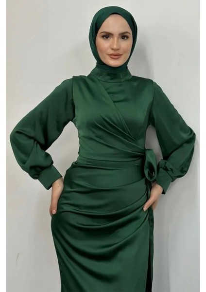 Yandan Bağlamalı Saten Delux Abiye- Zümrüt fiyatları