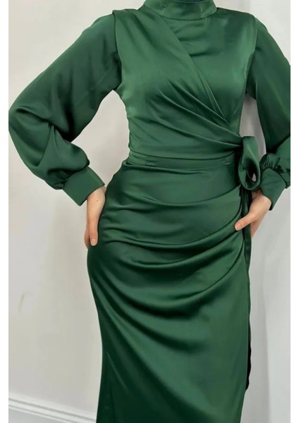 Yandan Bağlamalı Saten Delux Abiye- Zümrüt modelleri