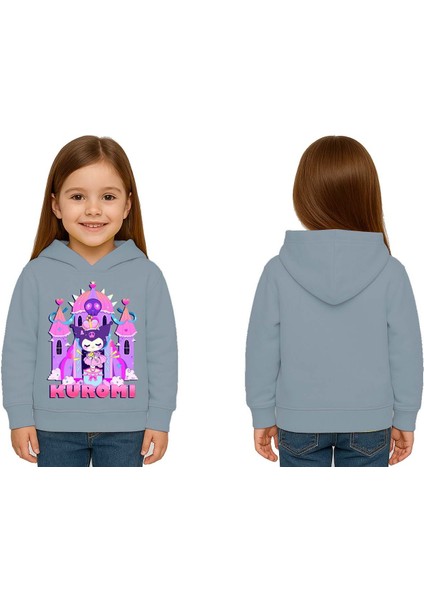 Unisex Baskılı Çocuk Swaetshirt Kapüşonlu 3 Iplik Şardonlu Kuromi Baskılı