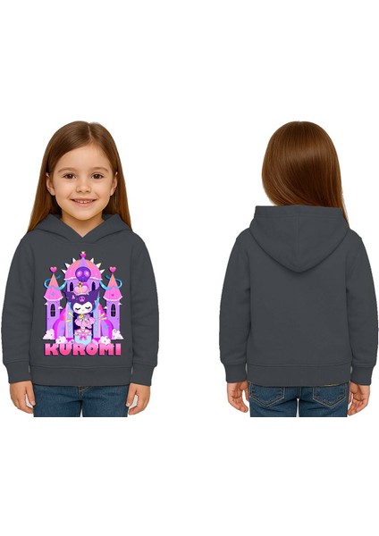 Unisex Baskılı Çocuk Swaetshirt Kapüşonlu 3 Iplik Şardonlu Kuromi Baskılı