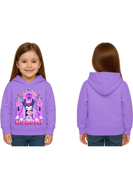 Unisex Baskılı Çocuk Swaetshirt Kapüşonlu 3 Iplik Şardonlu Kuromi Baskılı