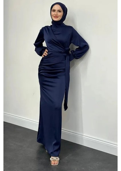 Yandan Bağlamalı Saten Delux Abiye- Lacivert