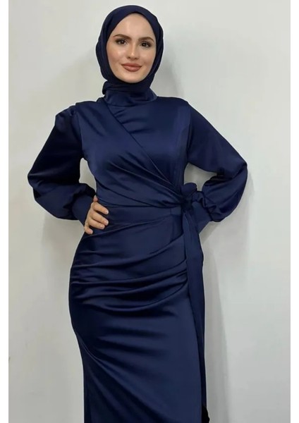 Yandan Bağlamalı Saten Delux Abiye- Lacivert fiyatları