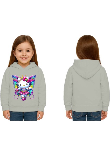 Unisex Hello Kity Baskılı Çocuk Swaetshirt Baskılı Kapüşonlu 3 Iplik Şardonlu