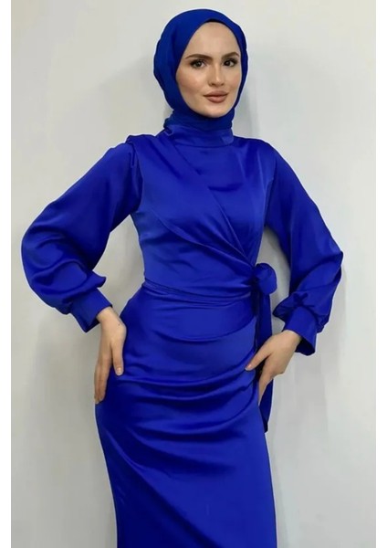 Yandan Bağlamalı Saten Delux Abiye- Saks Mavisi fiyatları