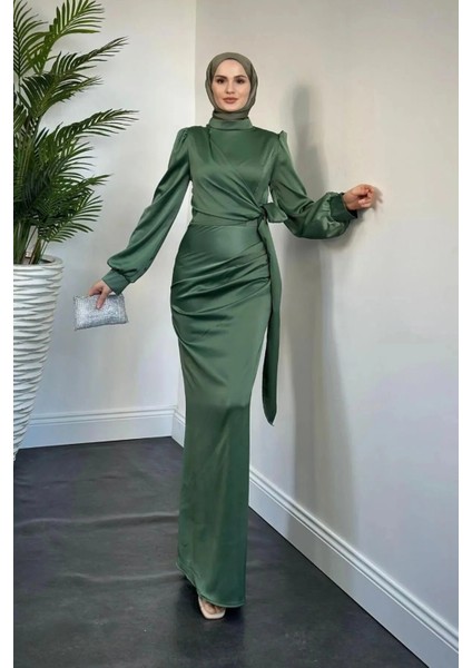 Yandan Bağlamalı Saten Delux Abiye- Haki