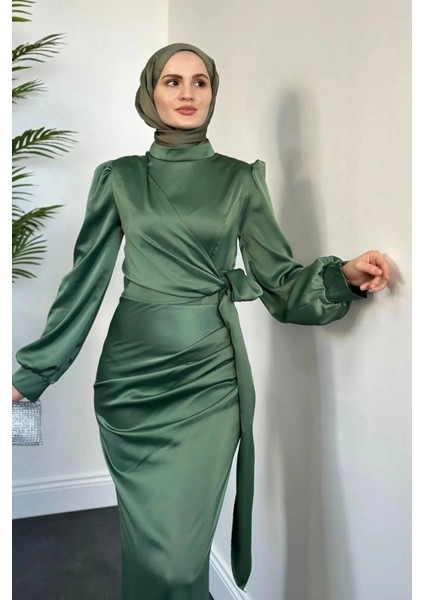 Yandan Bağlamalı Saten Delux Abiye- Haki fiyatları