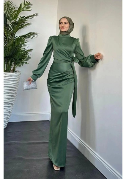 Yandan Bağlamalı Saten Delux Abiye- Haki modelleri