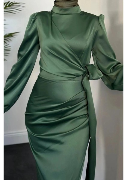 Yandan Bağlamalı Saten Delux Abiye- Haki fırsatları