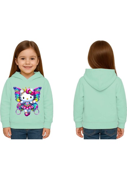 Unisex Hello Kity Baskılı Çocuk Swaetshirt Baskılı Kapüşonlu 3 Iplik Şardonlu