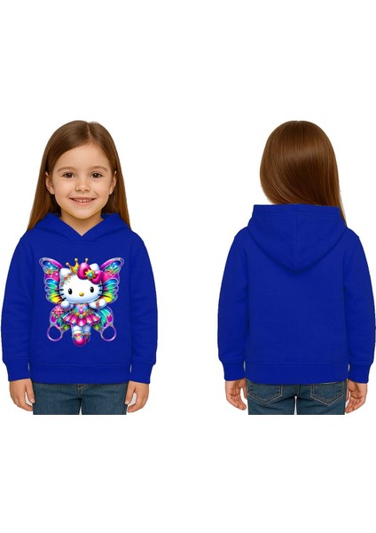 Unisex Hello Kity Baskılı Çocuk Swaetshirt Baskılı Kapüşonlu 3 Iplik Şardonlu