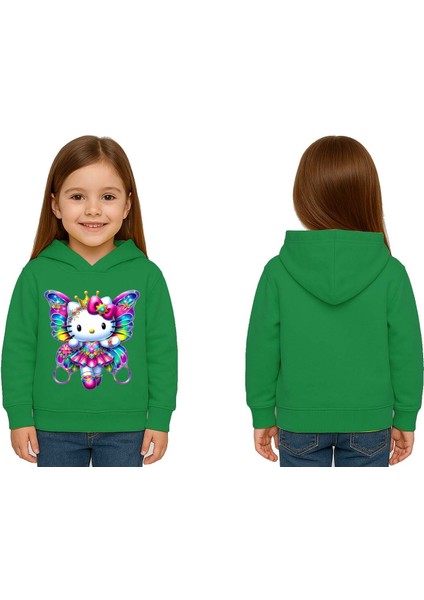 Unisex Hello Kity Baskılı Çocuk Swaetshirt Baskılı Kapüşonlu 3 Iplik Şardonlu