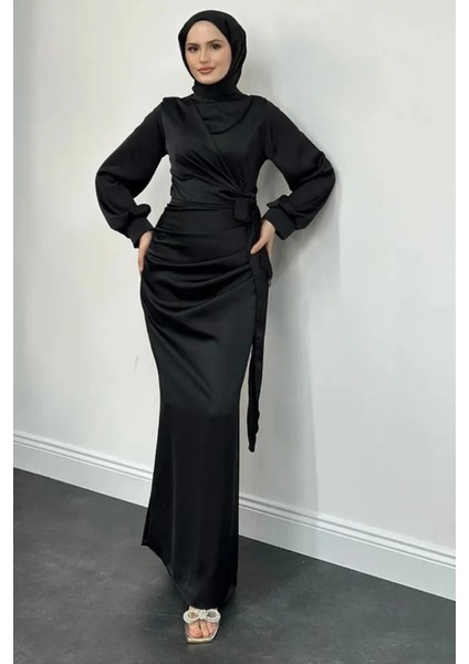 Yandan Bağlamalı Saten Delux Abiye- Siyah