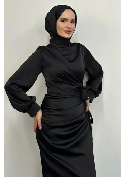 Yandan Bağlamalı Saten Delux Abiye- Siyah fiyatları