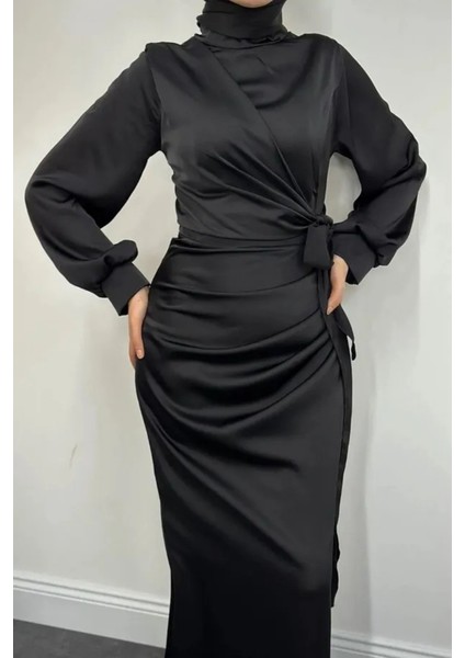 Yandan Bağlamalı Saten Delux Abiye- Siyah modelleri