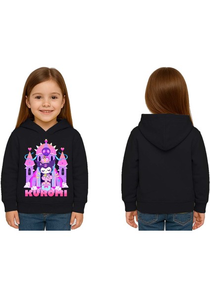 Unisex Baskılı Çocuk Swaetshirt Kapüşonlu 3 Iplik Şardonlu Kuromi Baskılı