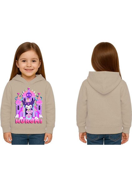 Unisex Baskılı Çocuk Swaetshirt Kapüşonlu 3 Iplik Şardonlu Kuromi Baskılı