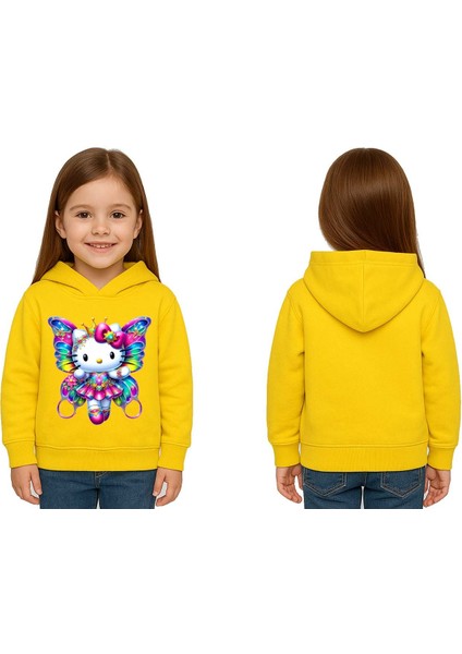 Unisex Hello Kity Baskılı Çocuk Swaetshirt Baskılı Kapüşonlu 3 Iplik Şardonlu