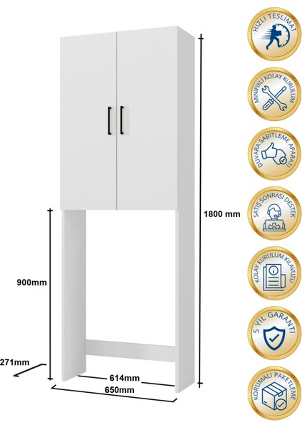 Ternos Çok Amaçlı Çamaşır Makinesi Dolabı 3 Raflı Kapaklı Banyo Dolabı Beyaz