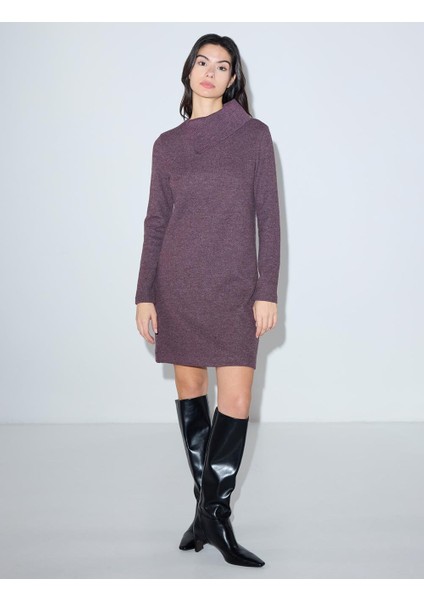 Gül Kurusu Asimetrik Yaka Yumuşak Dokulu Örme Mini Elbise