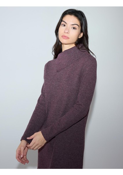 Gül Kurusu Asimetrik Yaka Yumuşak Dokulu Örme Mini Elbise