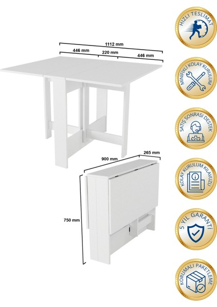 Ferra Katlanır Yemek Masası – Beyaz, Mutfak ve Balkon Için Pratik Katlanabilir Masa