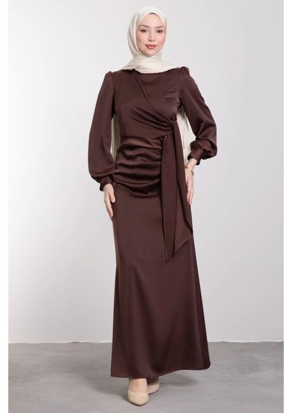 Yandan Bağlamalı Saten Delux Abiye- Kahverengi