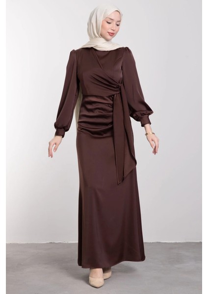 Yandan Bağlamalı Saten Delux Abiye- Kahverengi fiyatları