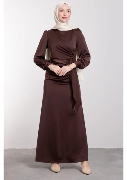 Yandan Bağlamalı Saten Delux Abiye- Kahverengi modelleri