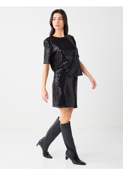 Siyah Rahat Kesim Normal Bel Payetli Örme Mini Etek