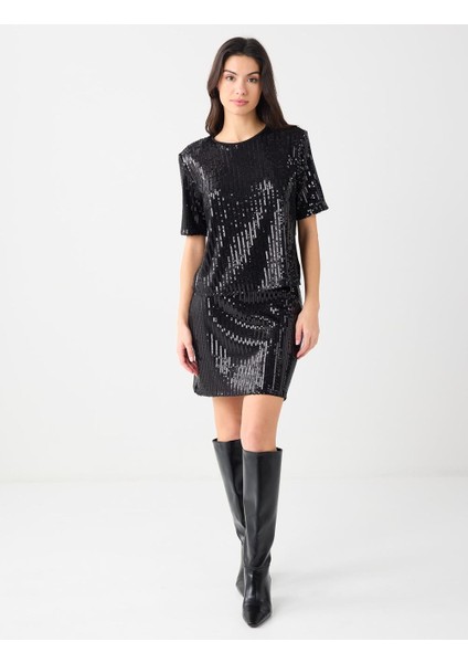Siyah Rahat Kesim Normal Bel Payetli Örme Mini Etek