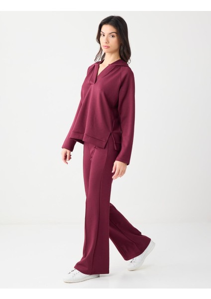 Bordo Yüksek Bel Bol Paça Modal Jogger Pantolon